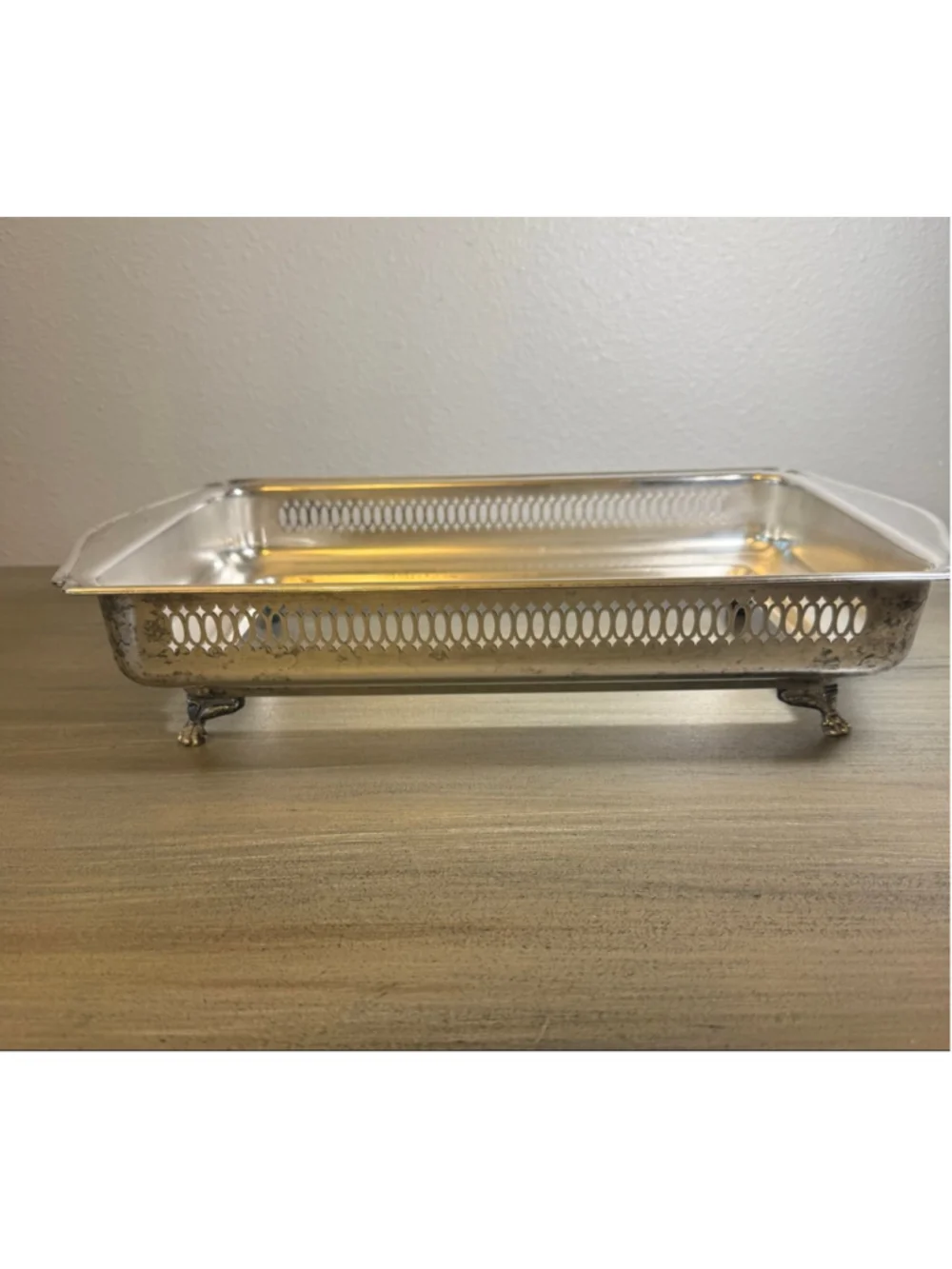 Vintage Silverplate Casserole Holder Tray Pierced Gallery Footed Fits Pyrex Dish